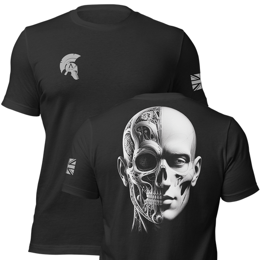 Front and back view of Black short sleeve unisex fit original cotton T-Shirt by Achilles Tactical Clothing Brand printed with Large Prometheus design across back