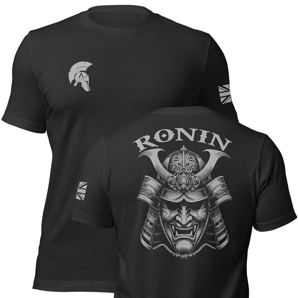Front and back view of Black short sleeve unisex fit original cotton T-Shirt by Achilles Tactical Clothing Brand printed with Ronin Design across back