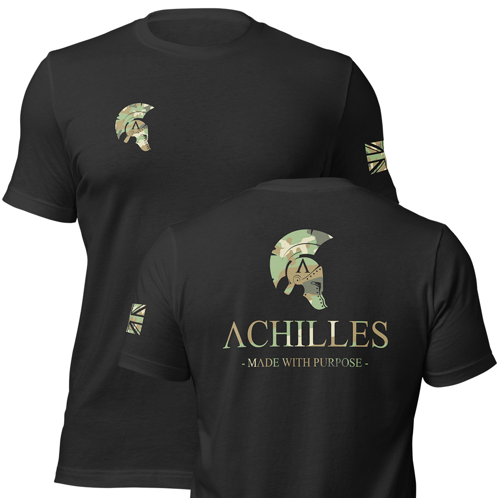 Front and back view of Black short sleeve unisex fit original cotton T-Shirt by Achilles Tactical Clothing Brand printed with DPM Cam Large Signature logo across back