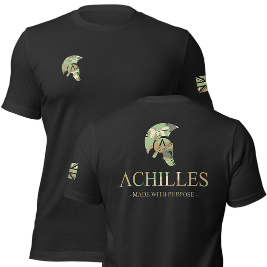 Front and back view of Black short sleeve unisex fit original cotton T-Shirt by Achilles Tactical Clothing Brand printed with DPM Cam Large Signature logo across back