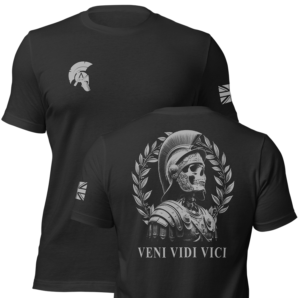 Front and back view of Black short sleeve unisex fit original cotton T-Shirt by Achilles Tactical Clothing Brand printed with Veni Vidi Vici Design across back