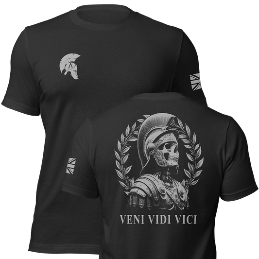Front and back view of Black short sleeve unisex fit original cotton T-Shirt by Achilles Tactical Clothing Brand printed with Veni Vidi Vici Design across back