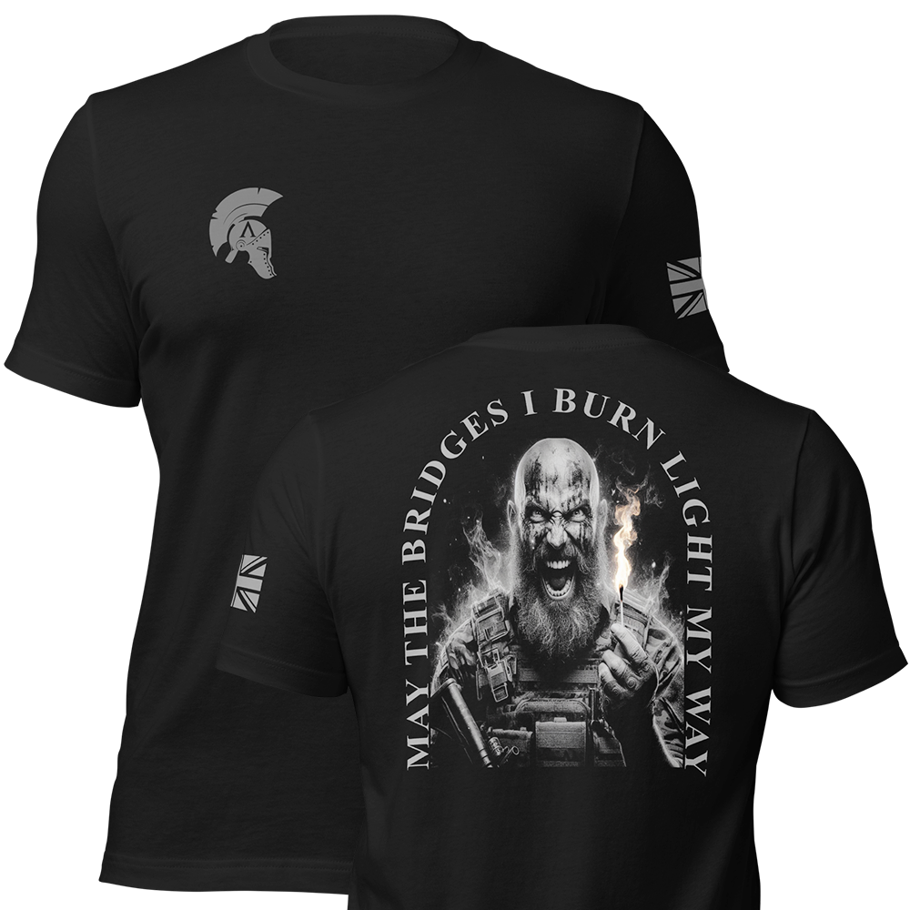 Front and back view of Black short sleeve unisex fit original cotton T-Shirt by Achilles Tactical Clothing Brand printed with burn the bridges design across back