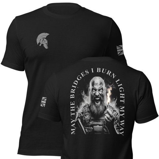 Front and back view of Black short sleeve unisex fit original cotton T-Shirt by Achilles Tactical Clothing Brand printed with burn the bridges design across back