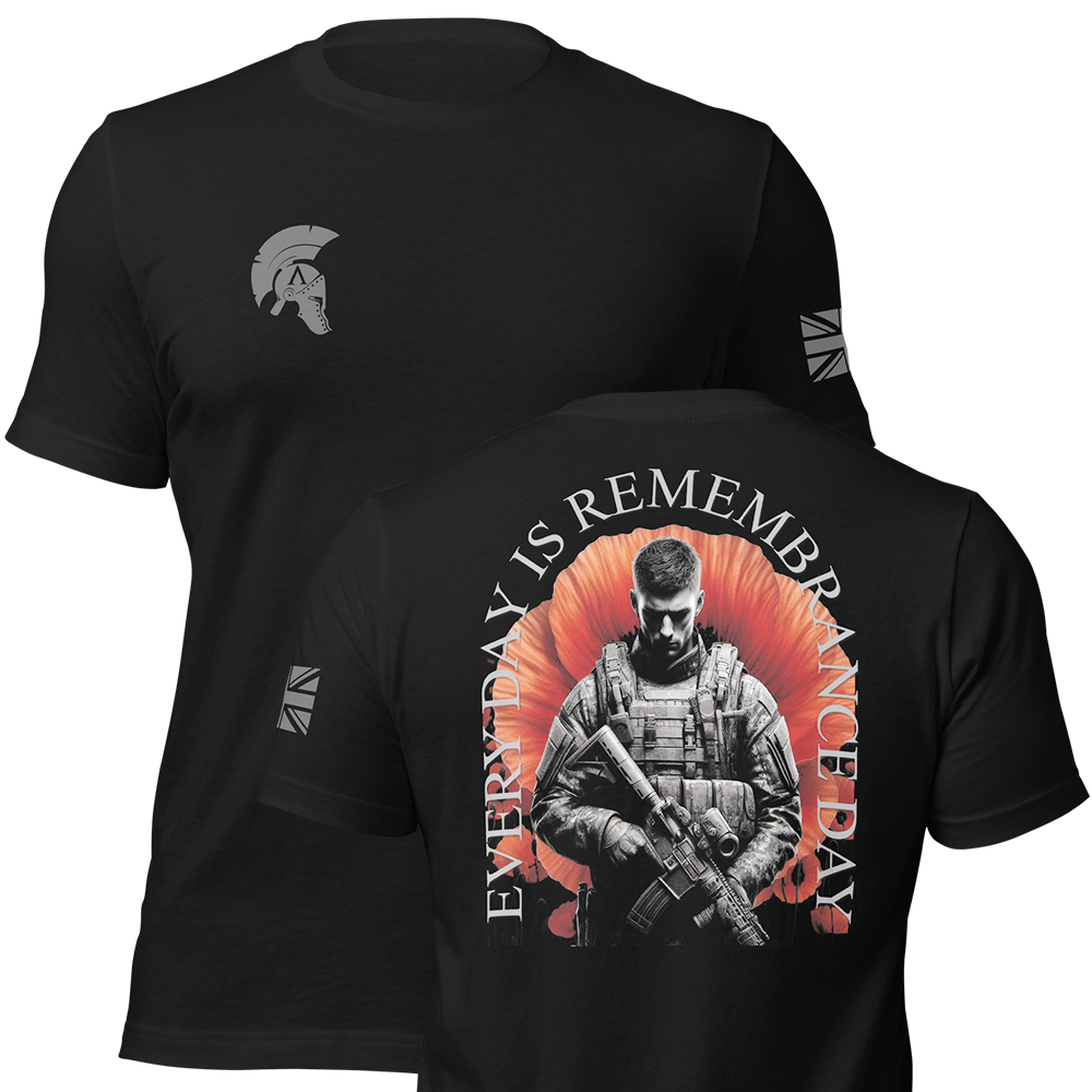 Front and back view of Black short sleeve unisex fit original cotton T-Shirt by Achilles Tactical Clothing Brand printed with Large Every day is remembrance day design across back