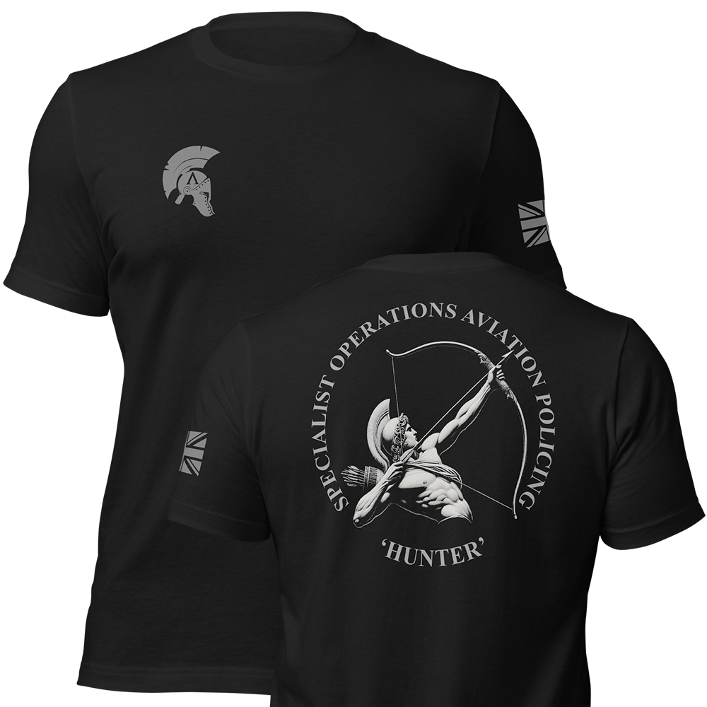 Front and back view of Black short sleeve unisex fit original cotton T-Shirt by Achilles Tactical Clothing Brand printed with Large Hunter police design across back