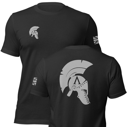Front and back view of Black short sleeve unisex fit original cotton T-Shirt by Achilles Tactical Clothing Brand printed with Wolf Grey Large Icon logo across back