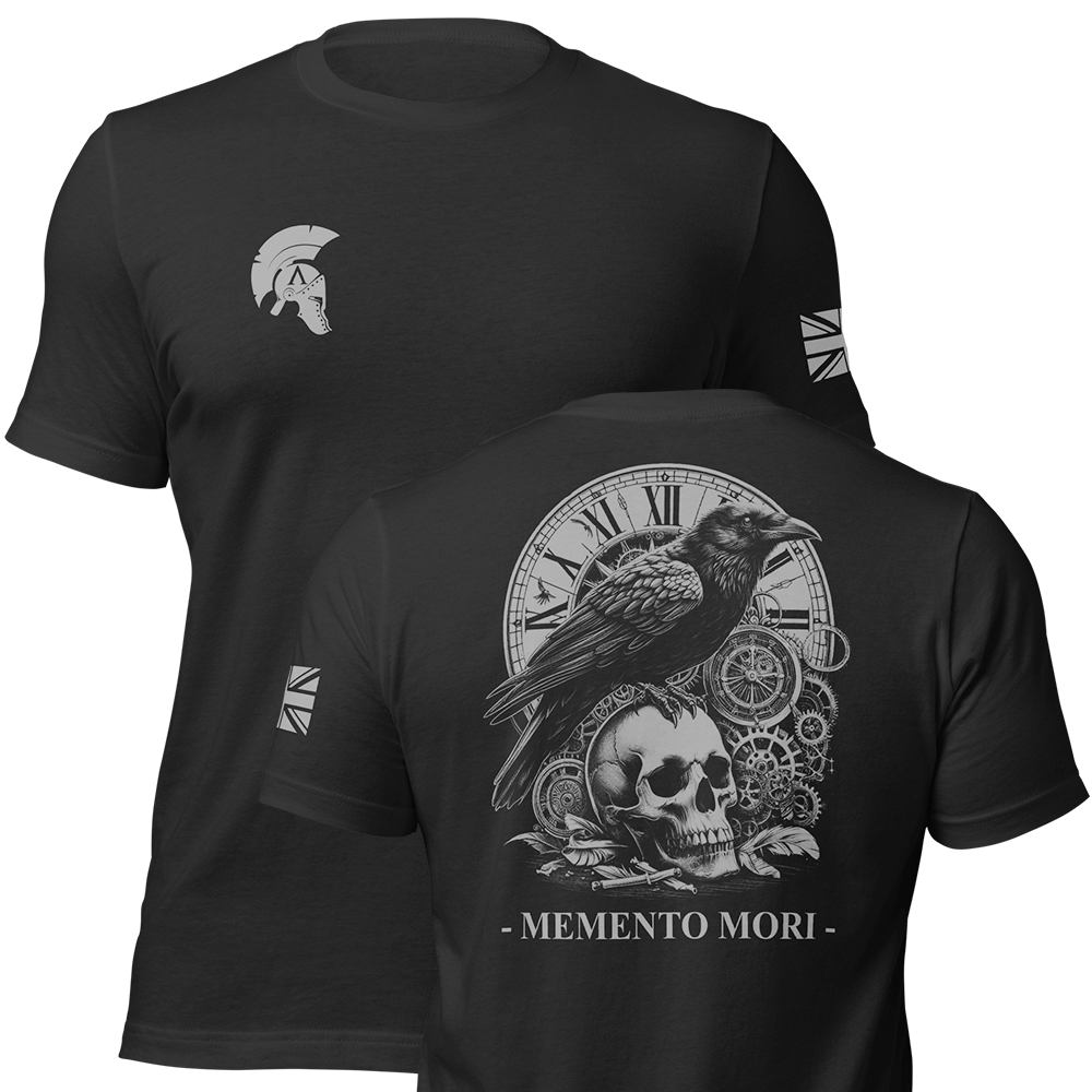 Front and back view of Black short sleeve unisex fit original cotton T-Shirt by Achilles Tactical Clothing Brand printed with Memento Mori Design across back