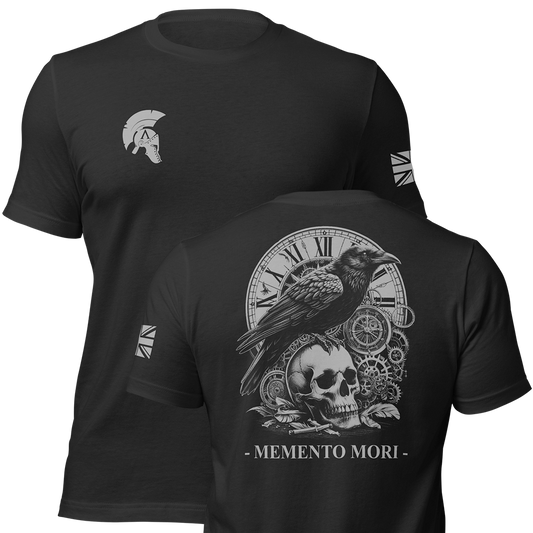 Front and back view of Black short sleeve unisex fit original cotton T-Shirt by Achilles Tactical Clothing Brand printed with Memento Mori Design across back