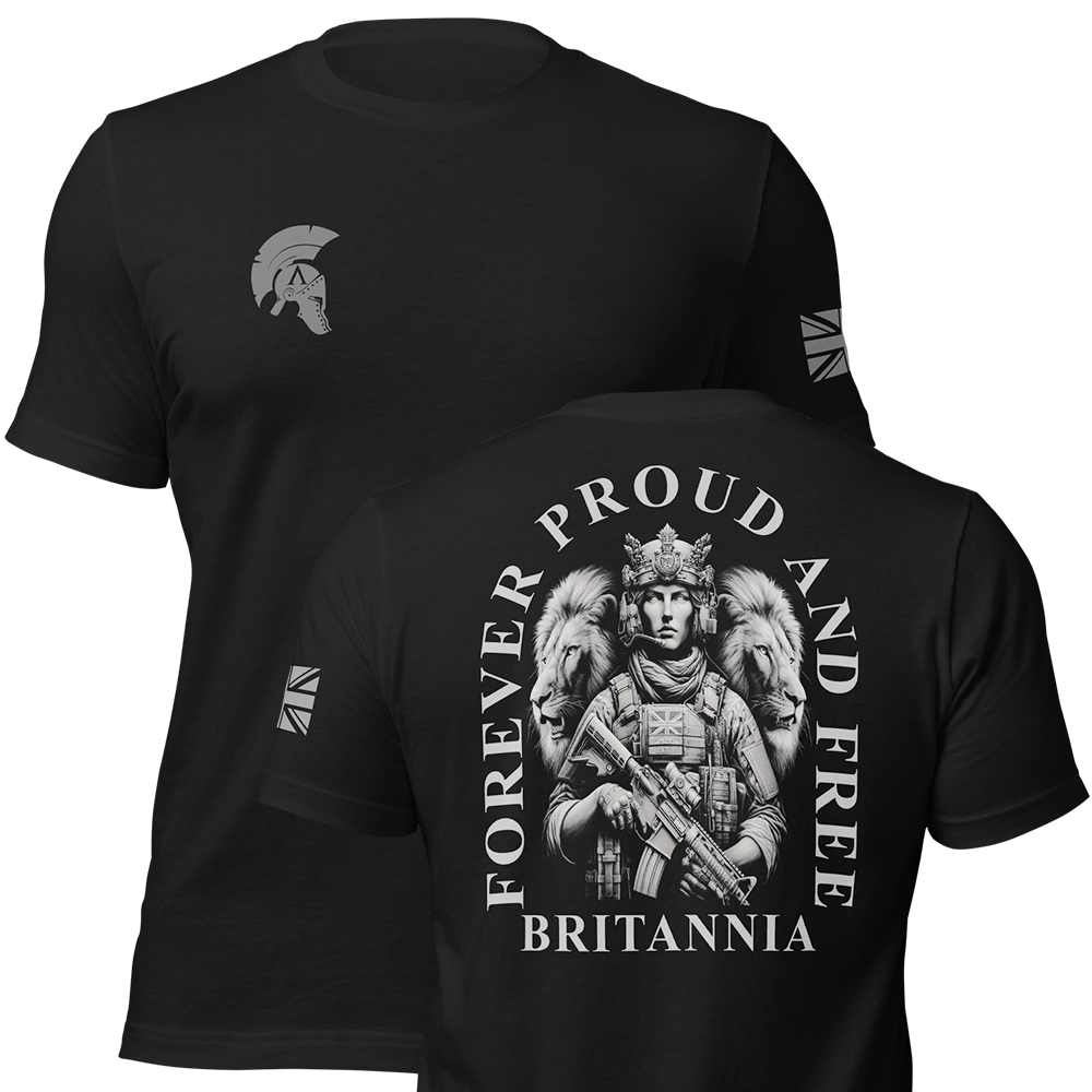 Front and back view of Black short sleeve unisex fit original cotton T-Shirt by Achilles Tactical Clothing Brand printed with proud and free Britannia design across back