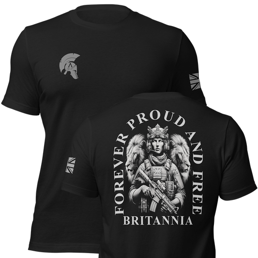 Front and back view of Black short sleeve unisex fit original cotton T-Shirt by Achilles Tactical Clothing Brand printed with proud and free Britannia design across back