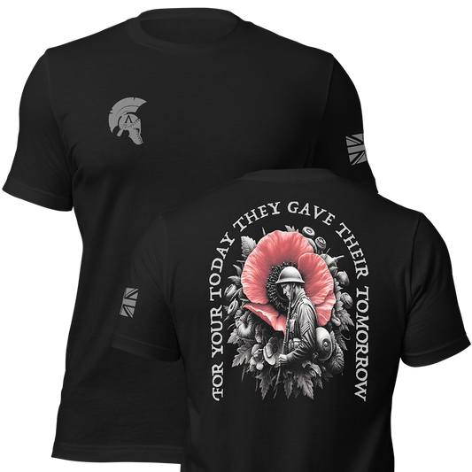 Front and Back view of Black short sleeve unisex fit original cotton T-Shirt by Achilles Tactical Clothing Brand printed with Sacrifice Poppy and Soldier Design across back