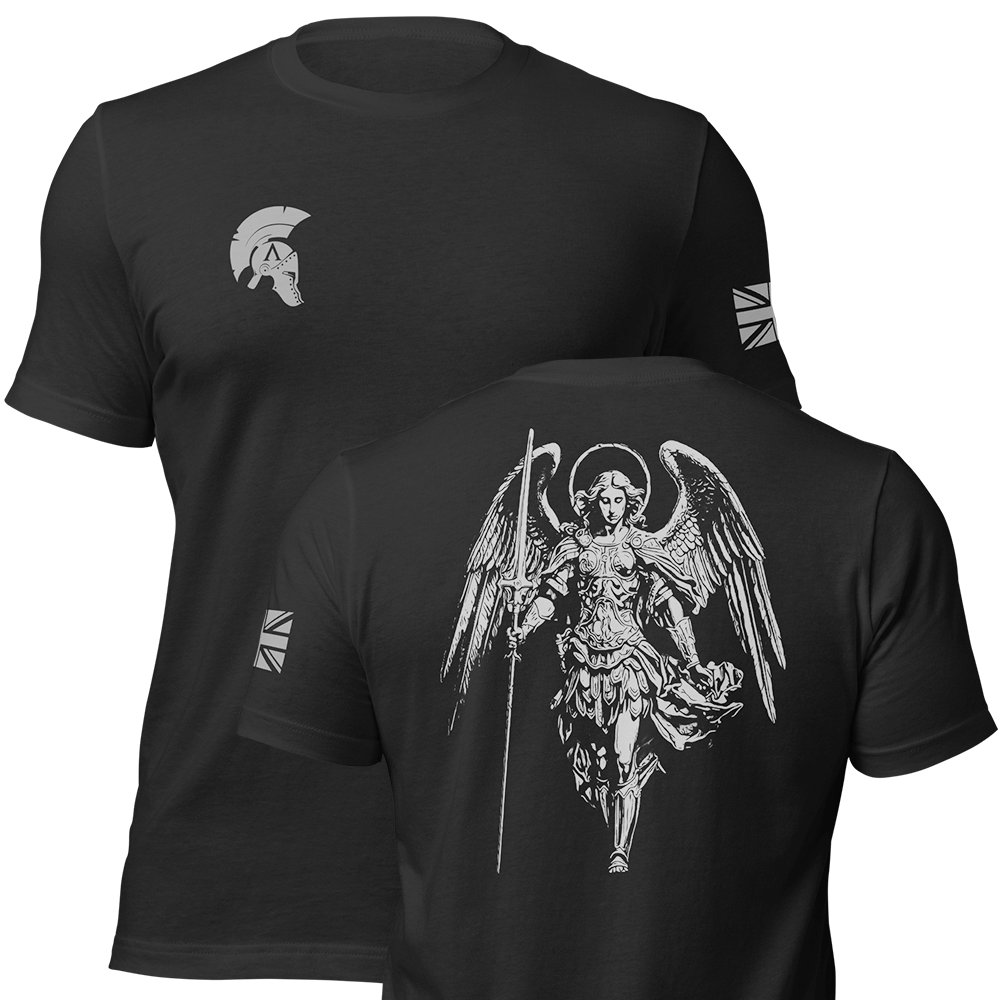 Front and back view of Black short sleeve unisex fit original cotton T-Shirt by Achilles Tactical Clothing Brand printed with Large Saint Michael design across back