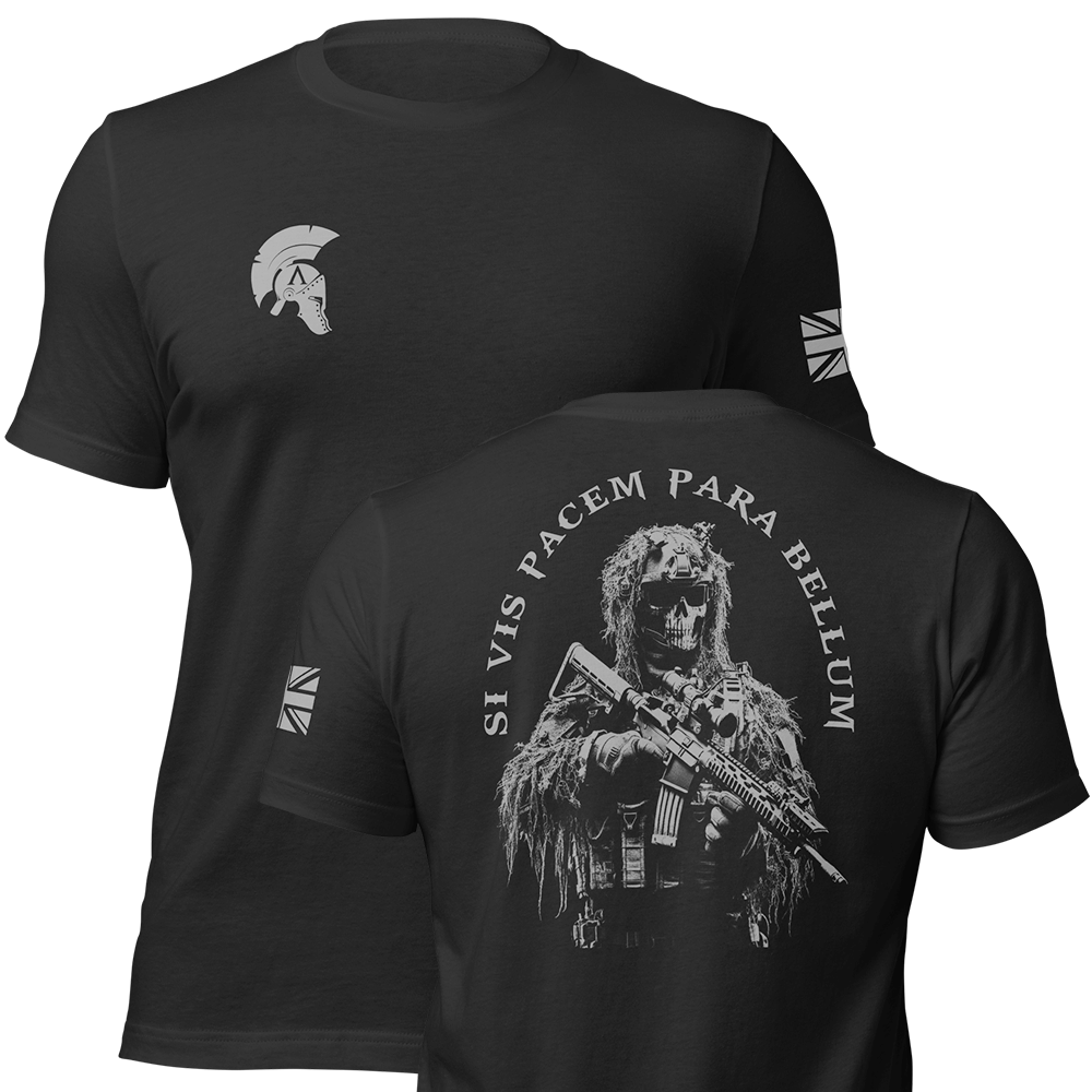 Front and back view of Black short sleeve unisex fit original cotton T-Shirt by Achilles Tactical Clothing Brand printed with Si Vis Pacem Para Bellum Design across back