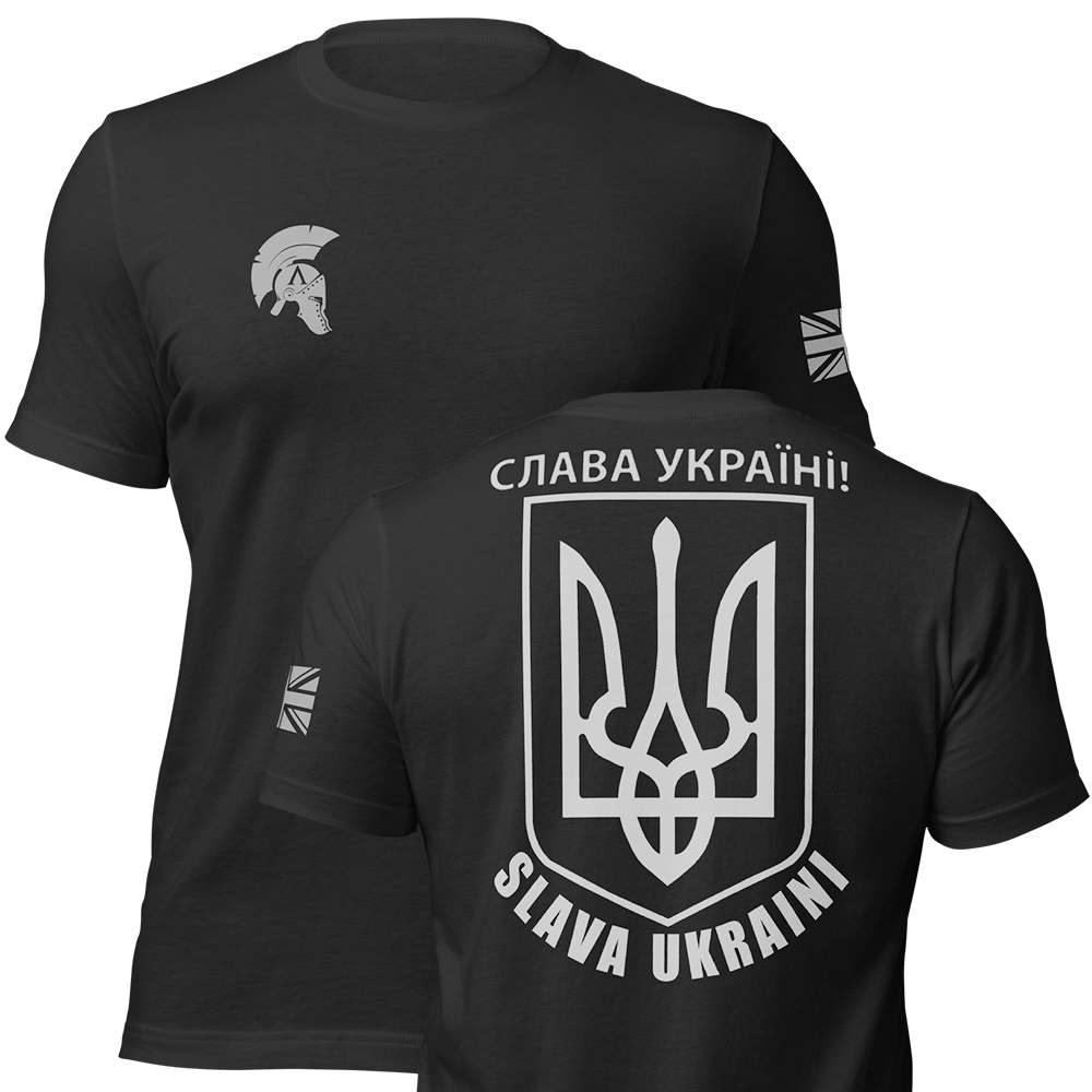 Front and back view of Black short sleeve unisex fit original cotton T-Shirt by Achilles Tactical Clothing Brand printed with Large Slava Ukraini design across back