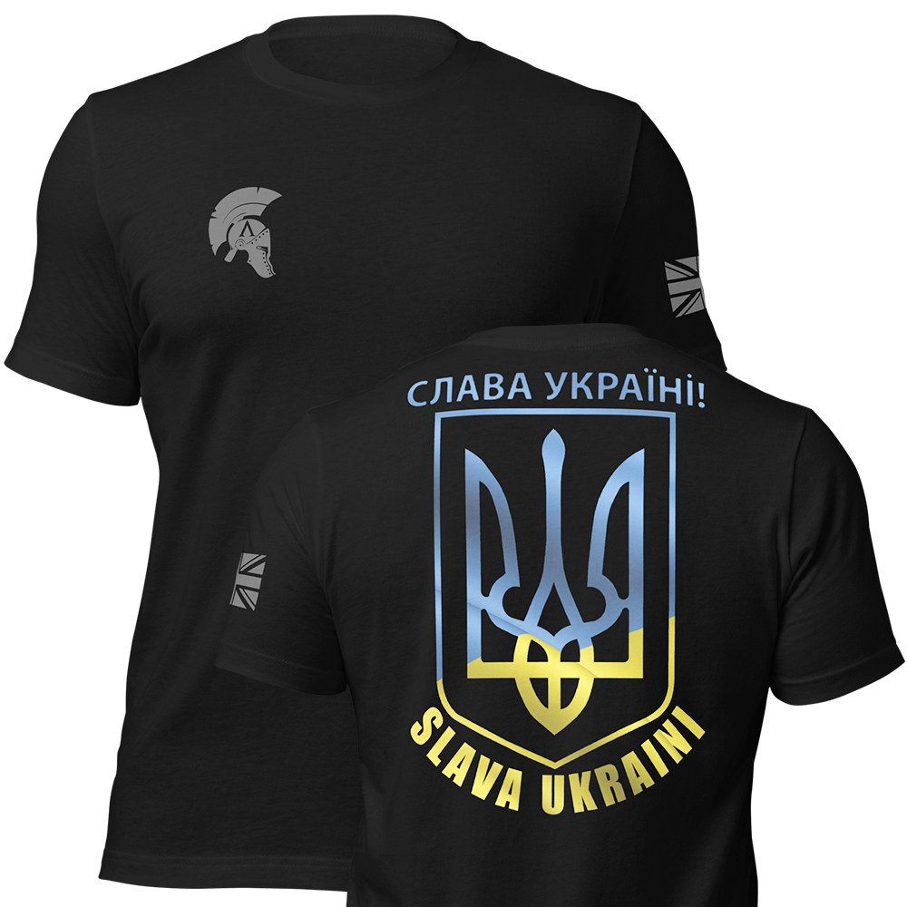 Front and back view of Black short sleeve unisex fit original cotton T-Shirt by Achilles Tactical Clothing Brand printed with Slava Ukraini in colour design across back