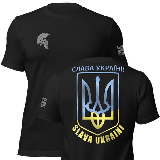 Front and back view of Black short sleeve unisex fit original cotton T-Shirt by Achilles Tactical Clothing Brand printed with Slava Ukraini in colour design across back