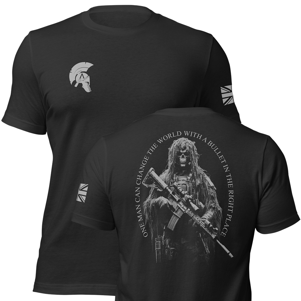 Front and back view of Black short sleeve unisex fit original cotton T-Shirt by Achilles Tactical Clothing Brand printed with Sniper Quote Design across back