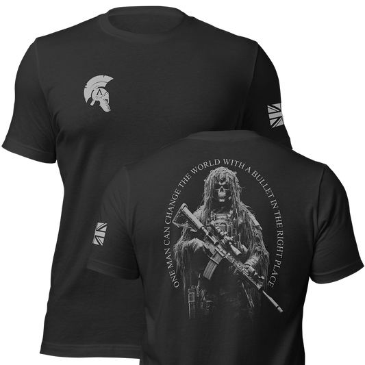 Front and back view of Black short sleeve unisex fit original cotton T-Shirt by Achilles Tactical Clothing Brand printed with Sniper Quote Design across back