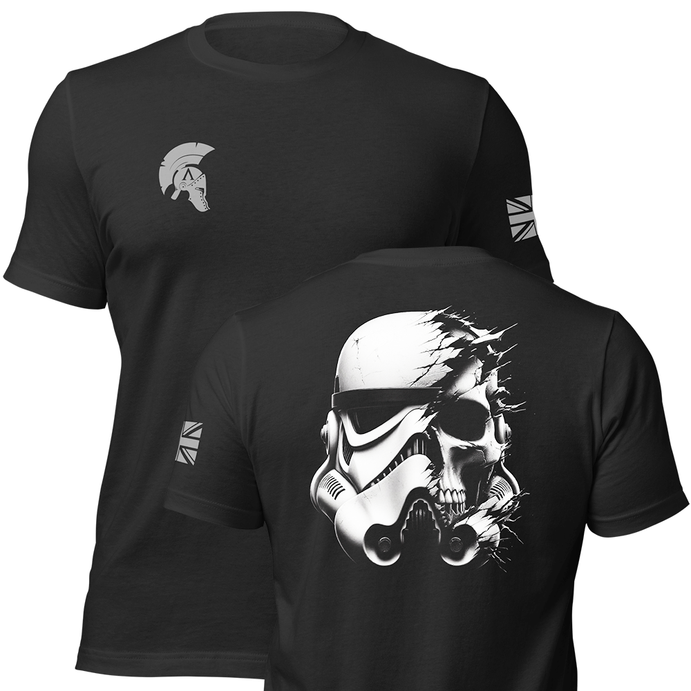 Front and back view of Black short sleeve unisex fit original cotton T-Shirt by Achilles Tactical Clothing Brand printed with Wolf Grey Large Stormtrooper helmet design across back