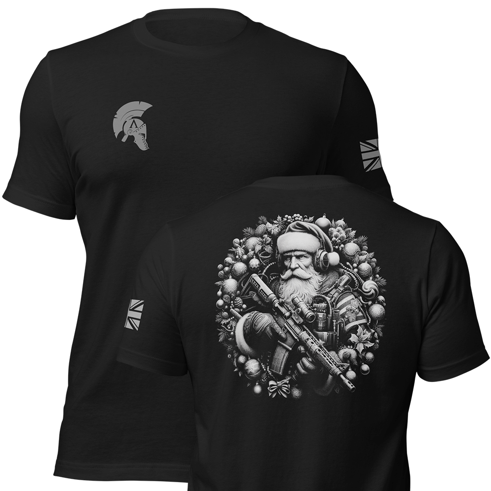 Front and back view of Black short sleeve unisex fit original cotton T-Shirt by Achilles Tactical Clothing Brand printed with Large Tactical Santa design across back