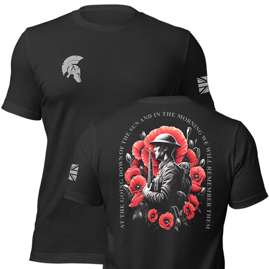 Front and back view of Black short sleeve unisex fit original cotton T-Shirt by Achilles Tactical Clothing Brand printed with We Will Remember Design across back