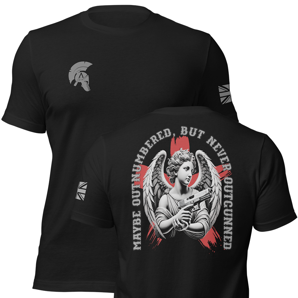 Front and back view of Black short sleeve unisex fit original cotton T-Shirt by Achilles Tactical Clothing Brand printed with Large Never Outgunned design across back