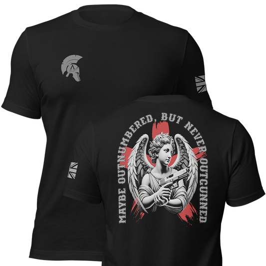 Front and back view of Black short sleeve unisex fit original cotton T-Shirt by Achilles Tactical Clothing Brand printed with Large Never Outgunned design across back