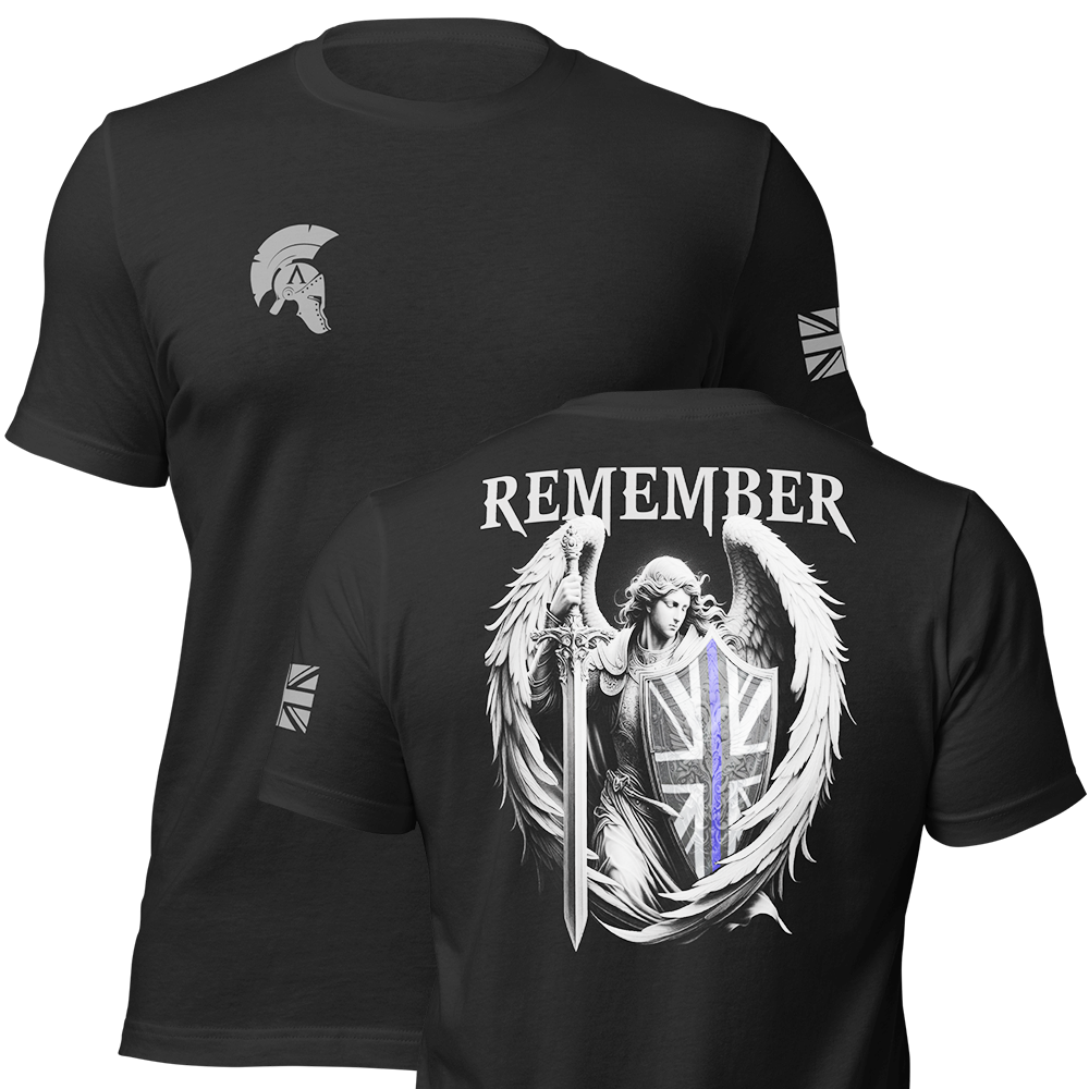 Front and back view of Black short sleeve unisex fit original cotton T-Shirt by Achilles Tactical Clothing Brand printed with Remember thin blue line design across back