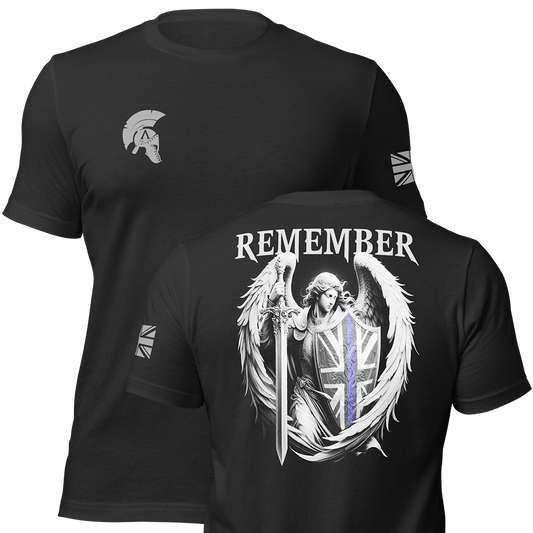 Front and back view of Black short sleeve unisex fit original cotton T-Shirt by Achilles Tactical Clothing Brand printed with Remember thin blue line design across back