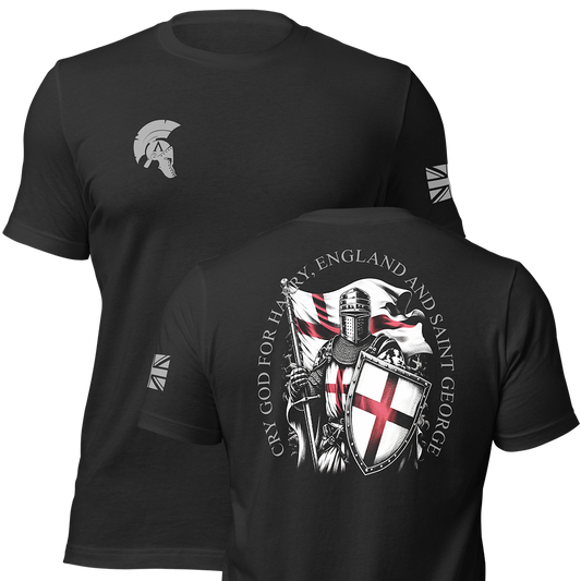 Front and back view of Black short sleeve unisex fit original cotton T-Shirt by Achilles Tactical Clothing Brand printed with Saint George Design across back