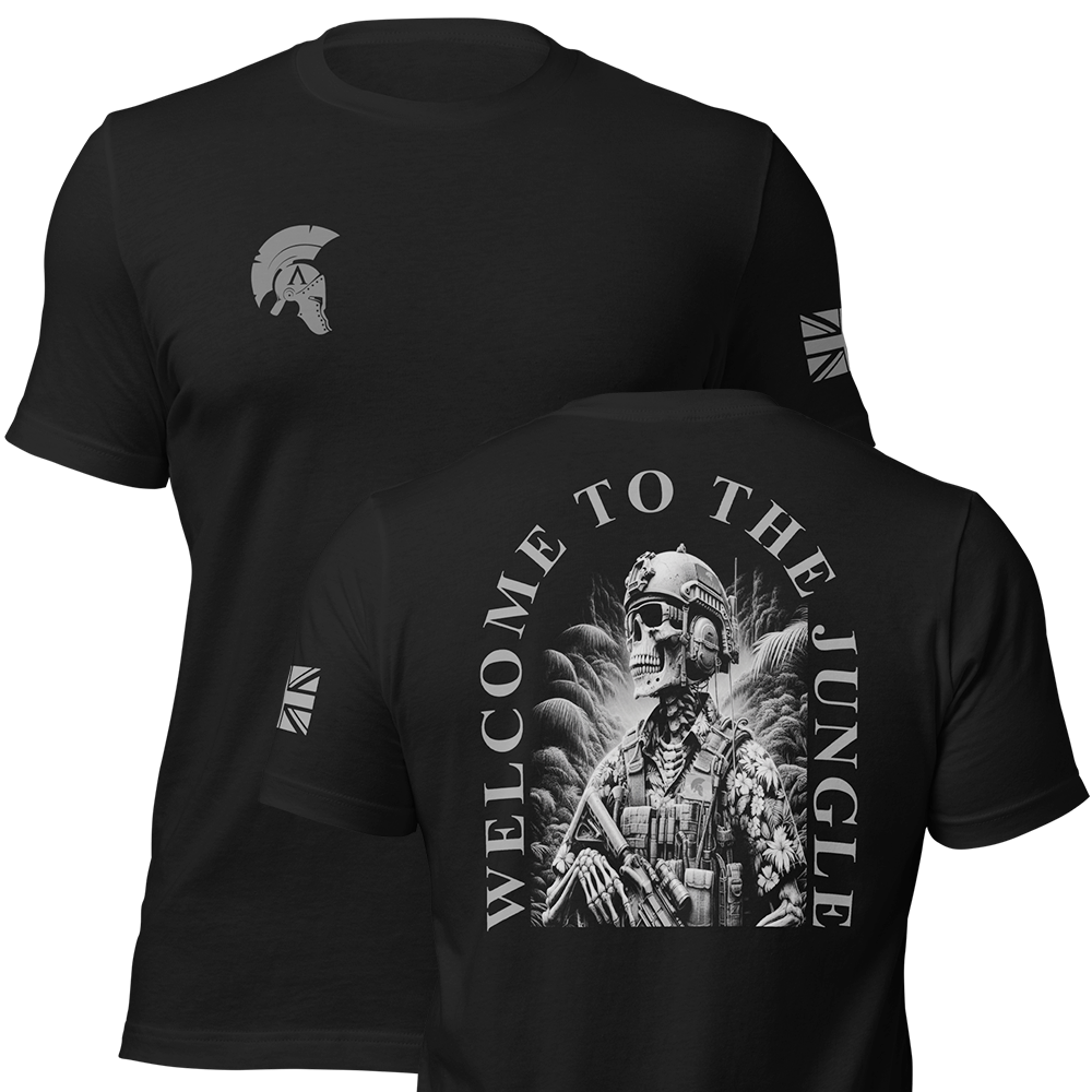 Front and back view of Black short sleeve unisex fit original cotton T-Shirt by Achilles Tactical Clothing Brand printed with welcome to the jungle design across back