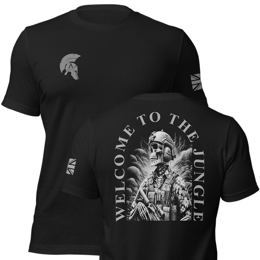 Front and back view of Black short sleeve unisex fit original cotton T-Shirt by Achilles Tactical Clothing Brand printed with welcome to the jungle design across back