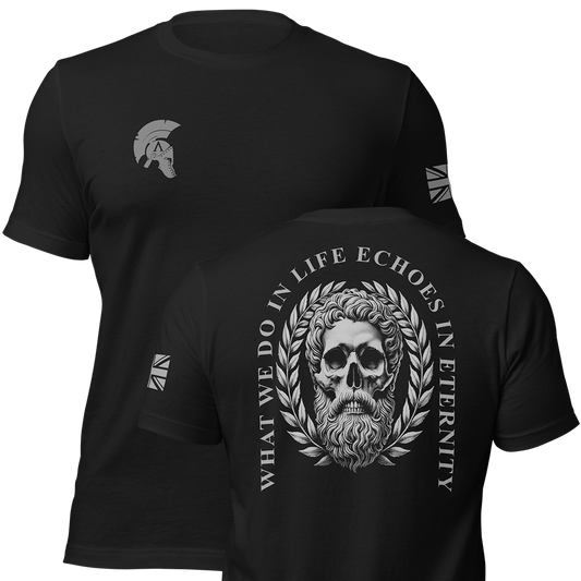 Front and back view of Black short sleeve unisex fit original cotton T-Shirt by Achilles Tactical Clothing Brand printed with Large What we do in life design across back