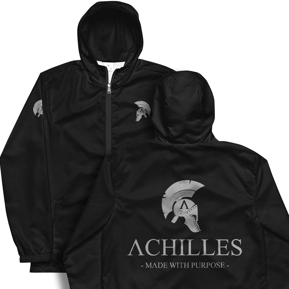 Front and back view of Black long sleeve unisex fit windbreaker track jacket by Achilles Tactical Clothing Brand printed with Achilles signature logo across back and helmet design and union flag in wolf grey on left and right sleeves