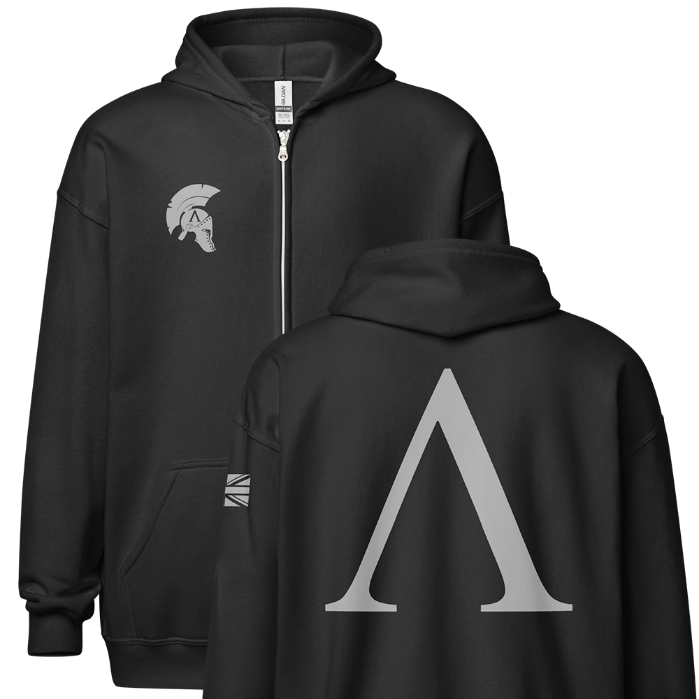 Front and Back view of Black unisex fit zipper hoodie by Achilles Tactical Clothing Brand with Wolf Grey Alpha Design across back