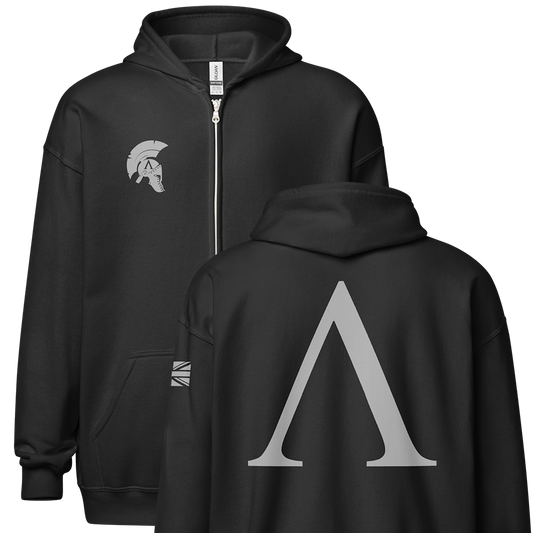 Front and Back view of Black unisex fit zipper hoodie by Achilles Tactical Clothing Brand with Wolf Grey Alpha Design across back
