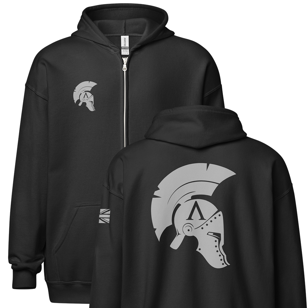Front and Back view of Black unisex fit zipper hoodie by Achilles Tactical Clothing Brand with Wolf Grey Icon Design across back