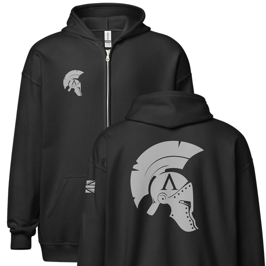 Front and Back view of Black unisex fit zipper hoodie by Achilles Tactical Clothing Brand with Wolf Grey Icon Design across back