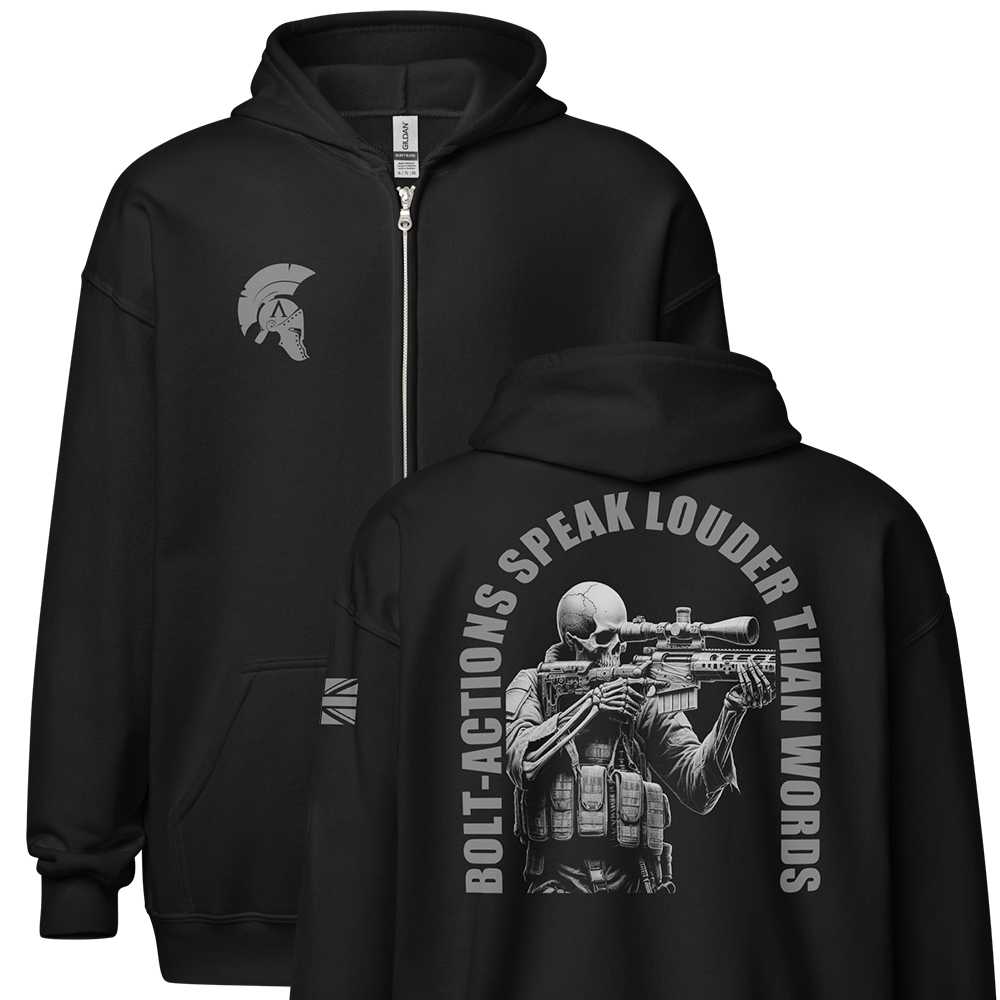 Front and Back view of Black unisex fit zipper hoodie by Achilles Tactical Clothing Brand with Grey Bolt-Actions Design across back