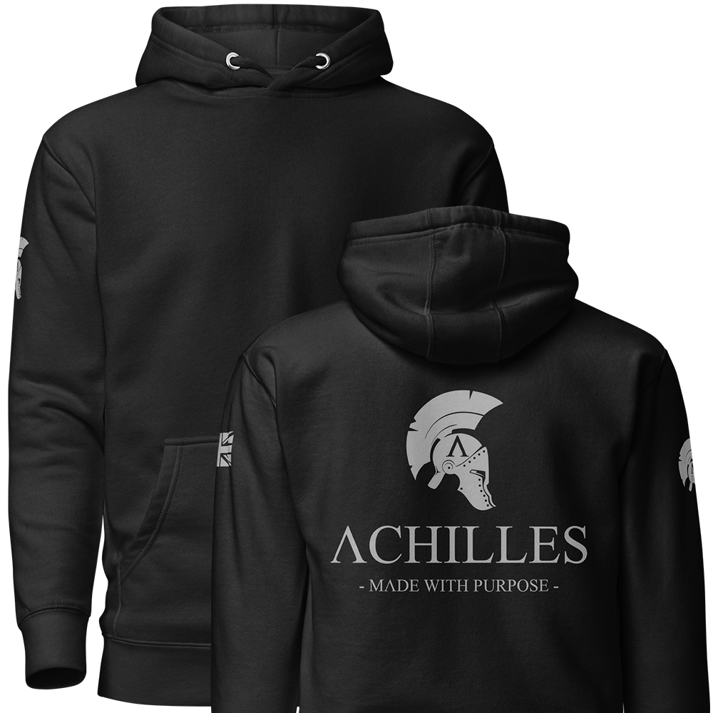 Front and back view of Black unisex fit Pullover Hoodie by Achilles Tactical Clothing Brand printed with Large Signature design across back