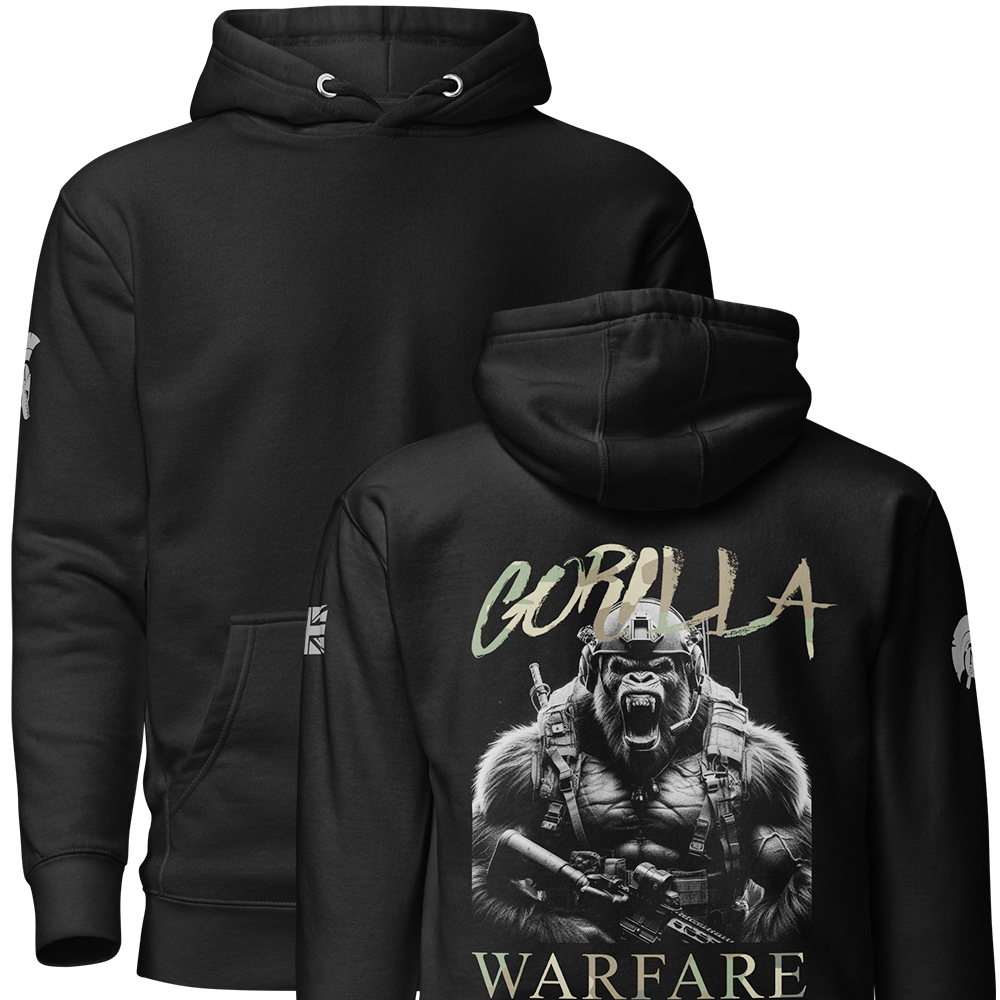 Front and back view of Black unisex fit Pullover Hoodie by Achilles Tactical Clothing Brand printed with Large Gorilla Warfare design across back