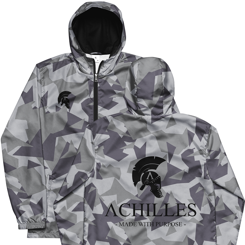 Front and back view of Grey Geo Cam long sleeve unisex fit windbreaker track jacket by Achilles Tactical Clothing Brand printed with Achilles signature logo across back