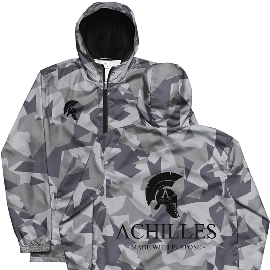 Front and back view of Grey Geo Cam long sleeve unisex fit windbreaker track jacket by Achilles Tactical Clothing Brand printed with Achilles signature logo across back