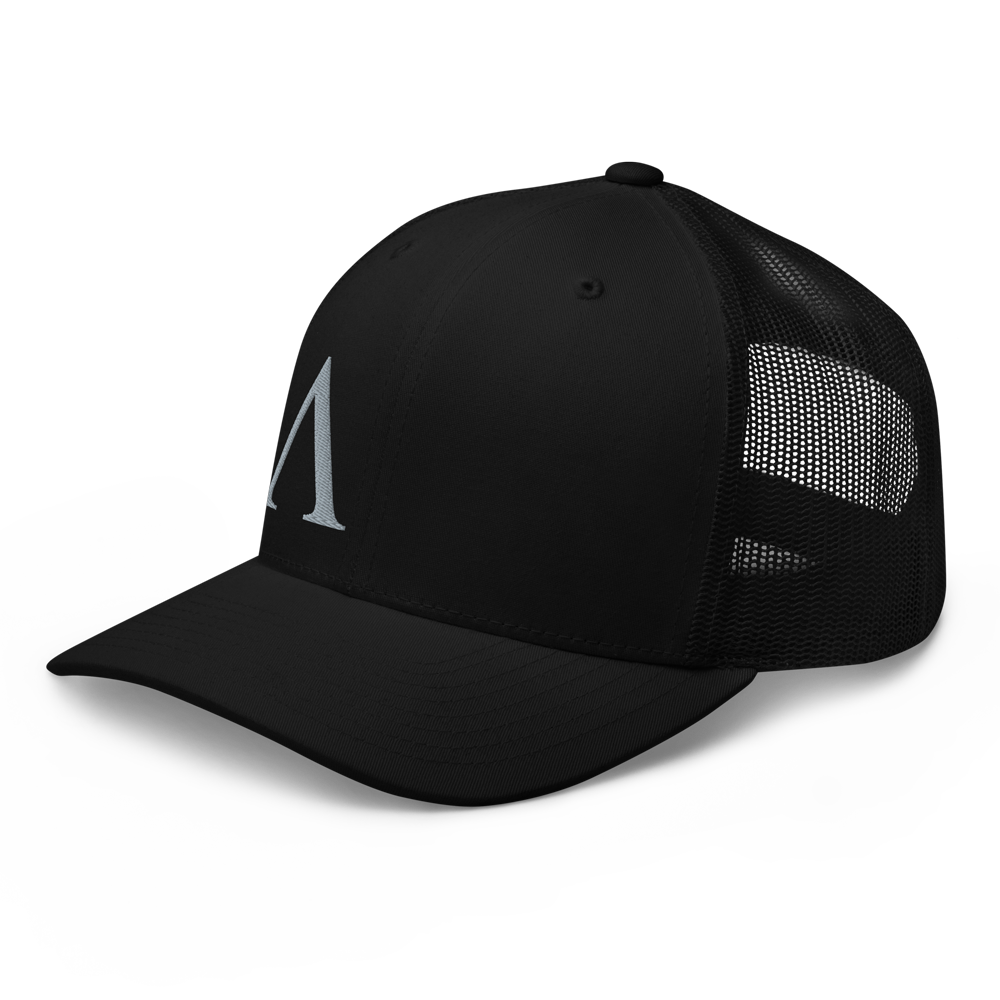 Front left view of Alpha mesh snap back embroidered achilles black cap