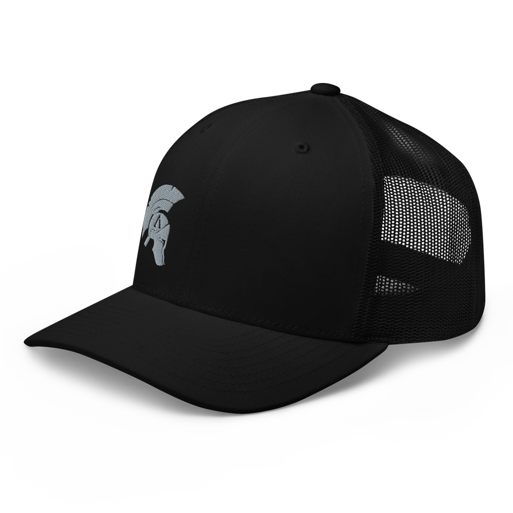 Front left view of ICON mesh snap back embroidered achilles black cap
