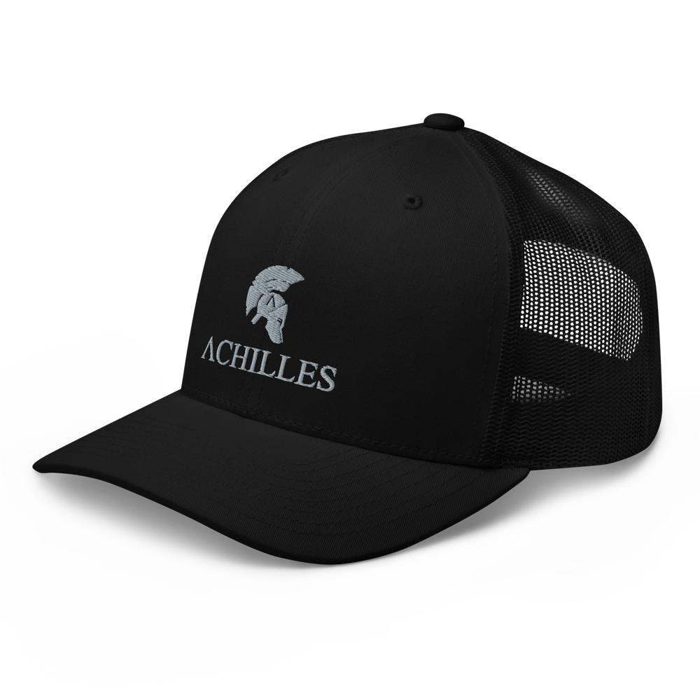 Front left view of Signature mesh snap back embroidered achilles black cap