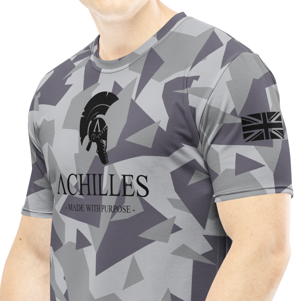 Front left view of man wearing Geo Grey Cam short sleeve unisex fit athletic Tee by Achilles Tactical Clothing Brand printed with black Signature design across chest