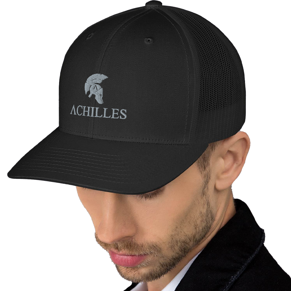 Front left view of man wearing Signature mesh snap back embroidered achilles black cap