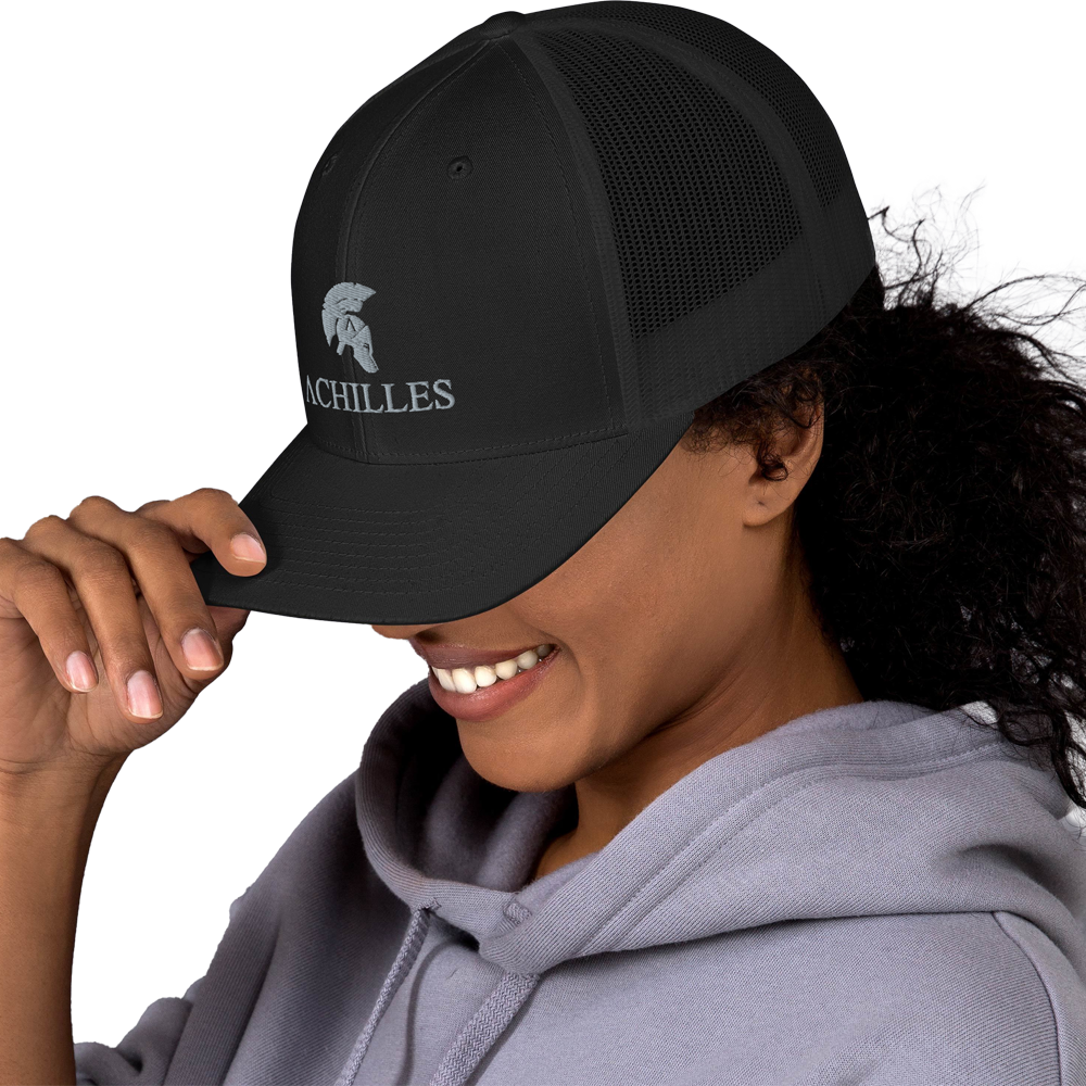 Front left view of woman wearing Signature mesh snap back embroidered achilles black cap